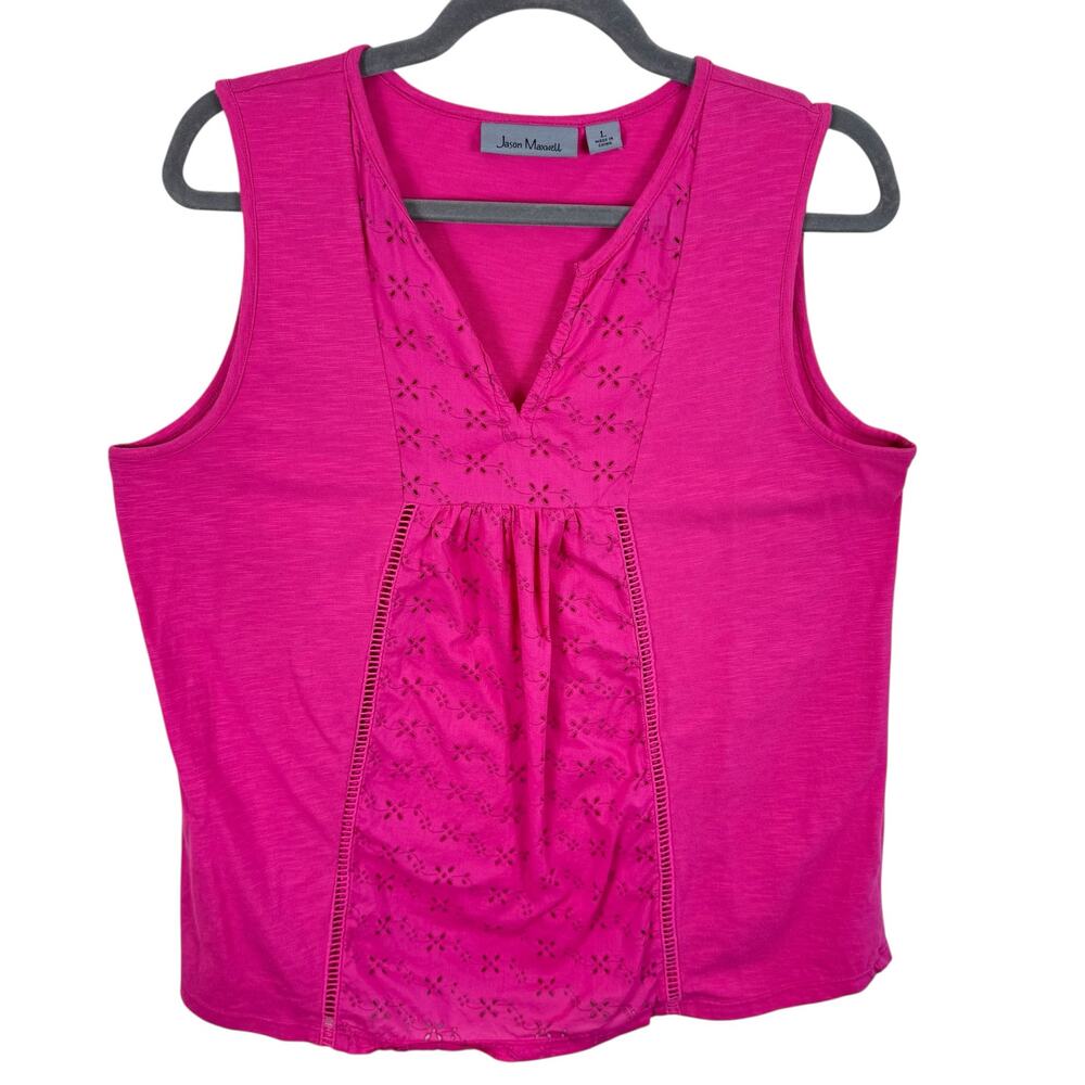 Jason Maxwell Pink Cotton Blend‎ Eyelet Split Neck Sleeveless Blouse Size L